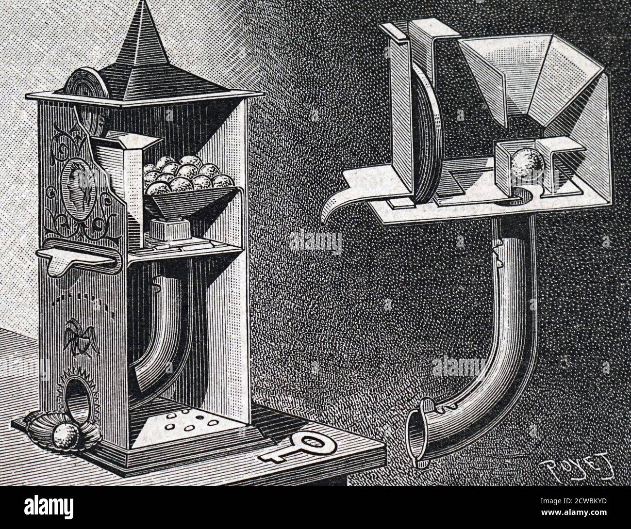 Engraving depicting a coin-in-the-slot sweet dispenser. Stock Photo