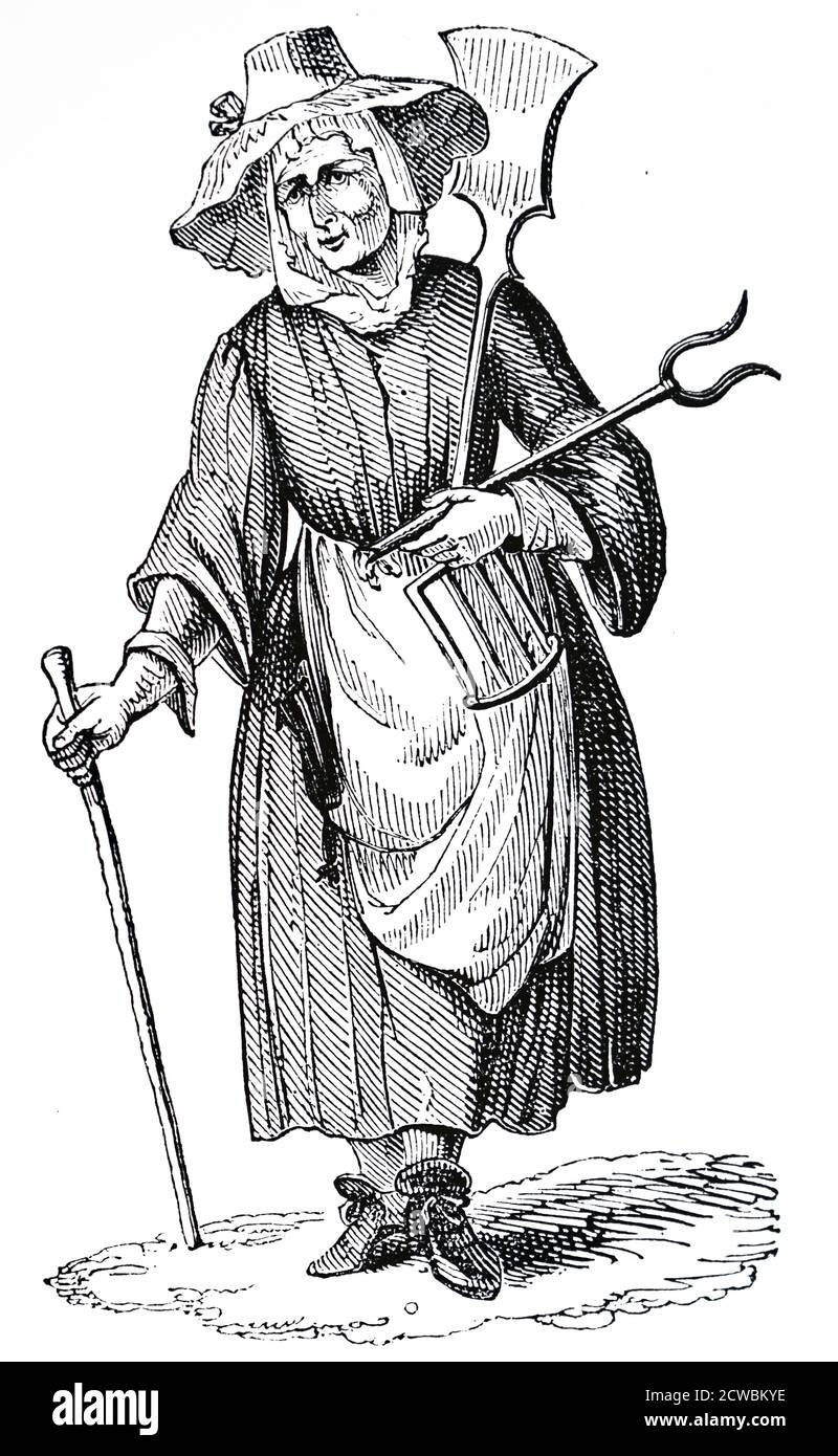 Engraving depicting a street hawker selling fire irons. Stock Photo