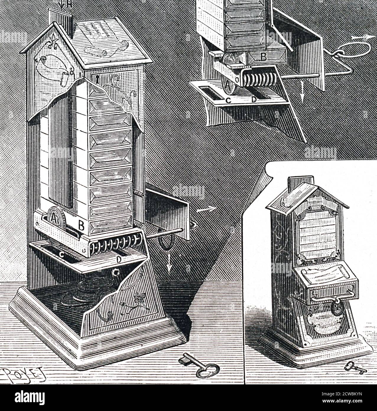 Engraving depicting a coin-in-the-slot sweet dispenser. Stock Photo