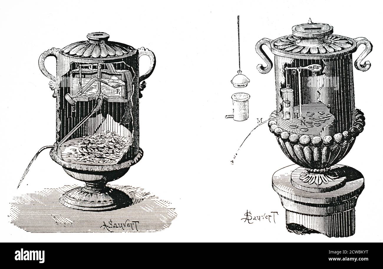 Engraving depicting a penny-in-the-slot vending machine (left); Hero of Alexandria's holy water dispenser (right). Stock Photo
