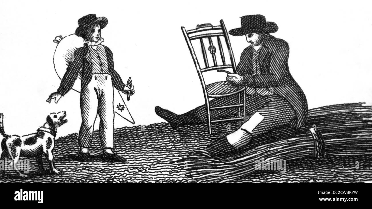 Engraving depicting a man mending a chair seat with rushes. Stock Photo