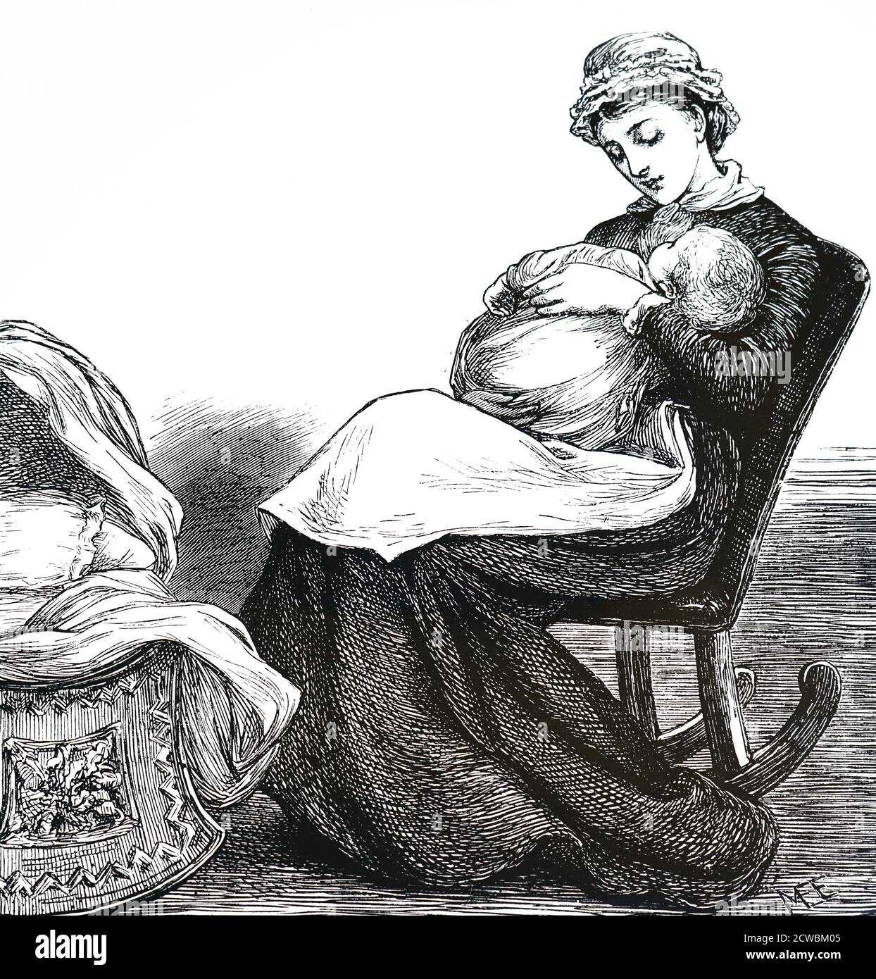Engraving depicting a mother rocking her baby to sleep as she sits in a