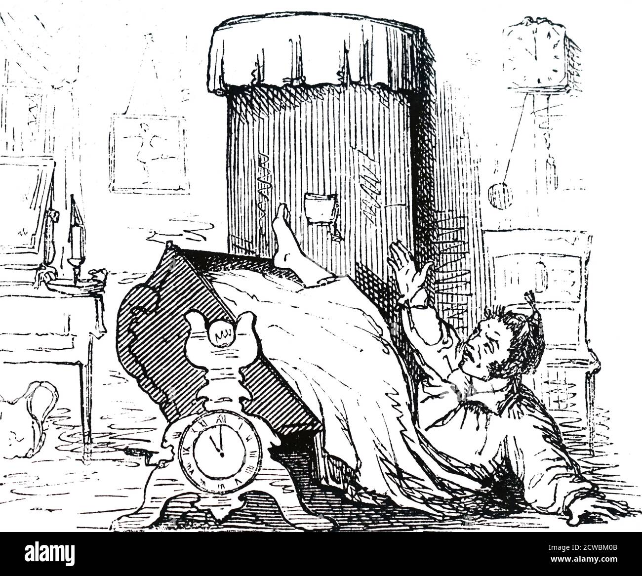 Cartoon depicting the conception of Theodore Jones's registered silent alarm clock bedstead exhibited at the Great Exhibition. According to the Official Catalogue 'The movement of the hand of a common watch will turn anyone out of bed at any given hour when attached to this bedstead' Stock Photo