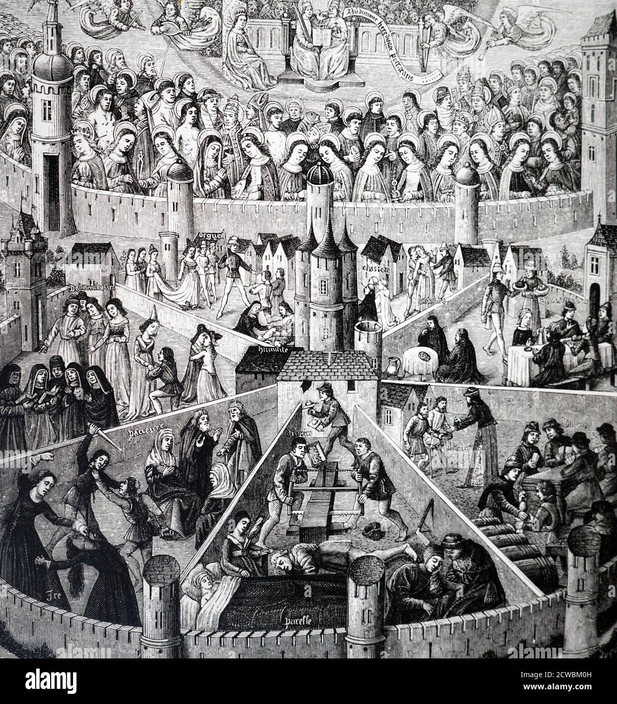 Engraving depicting the City of God as imagined by St. Augustine. At the top are the saints who have already been received into heaven. In the seven compartments below are those who are preparing themselves for heaven by exercising the Christian virtues, or who will be excluded for committing the Seven Deadly Sins. Engraving after a miniature in the 15th-century manuscript translation by Raoul de Presles. Stock Photo