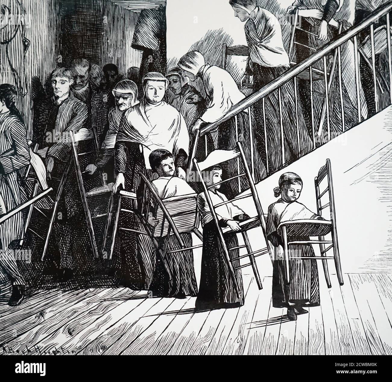 Engraving depicting members of the United Society of Believers in Christ's Second Appearing (Shakers), going to dinner, each carrying their own typical, Shaker chair. Stock Photo