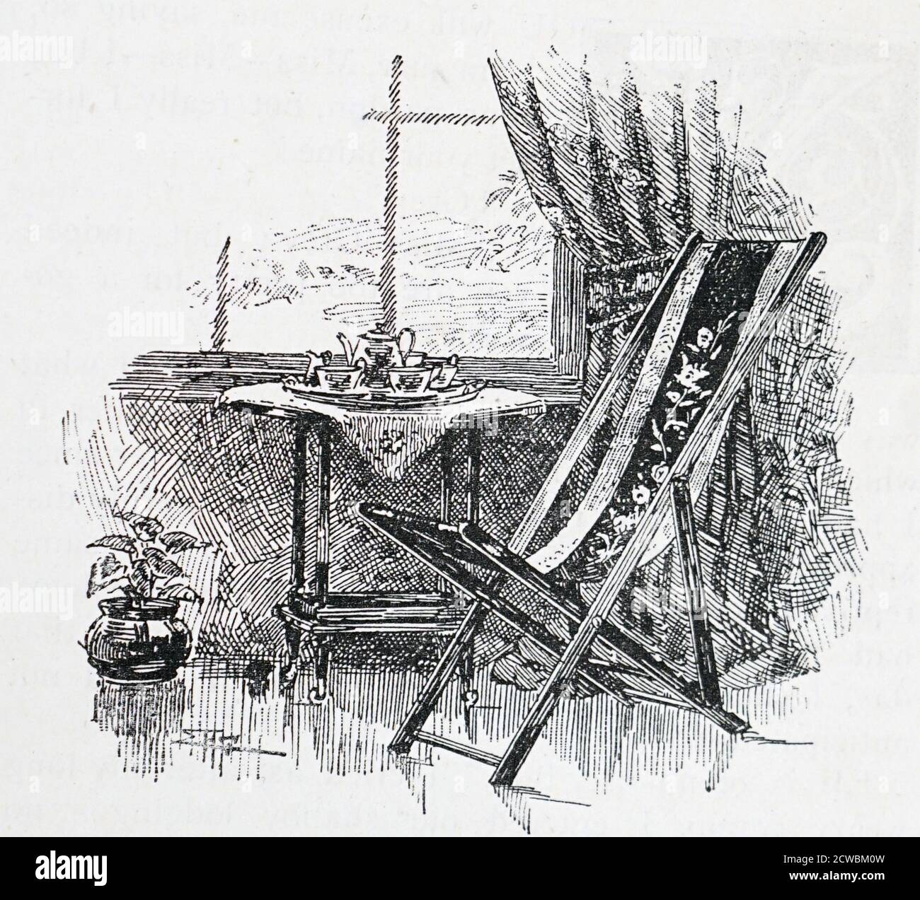 Engraving depicting a folding hammock ('deck') chair. Stock Photo