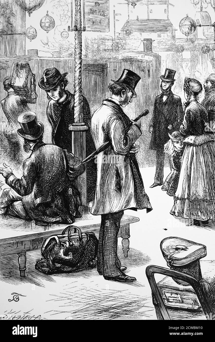 Engraving depicting a scene in a railway station. In the bottom right corner is a gentleman's leather hat box. Illustration by Gordon Thomson Stock Photo