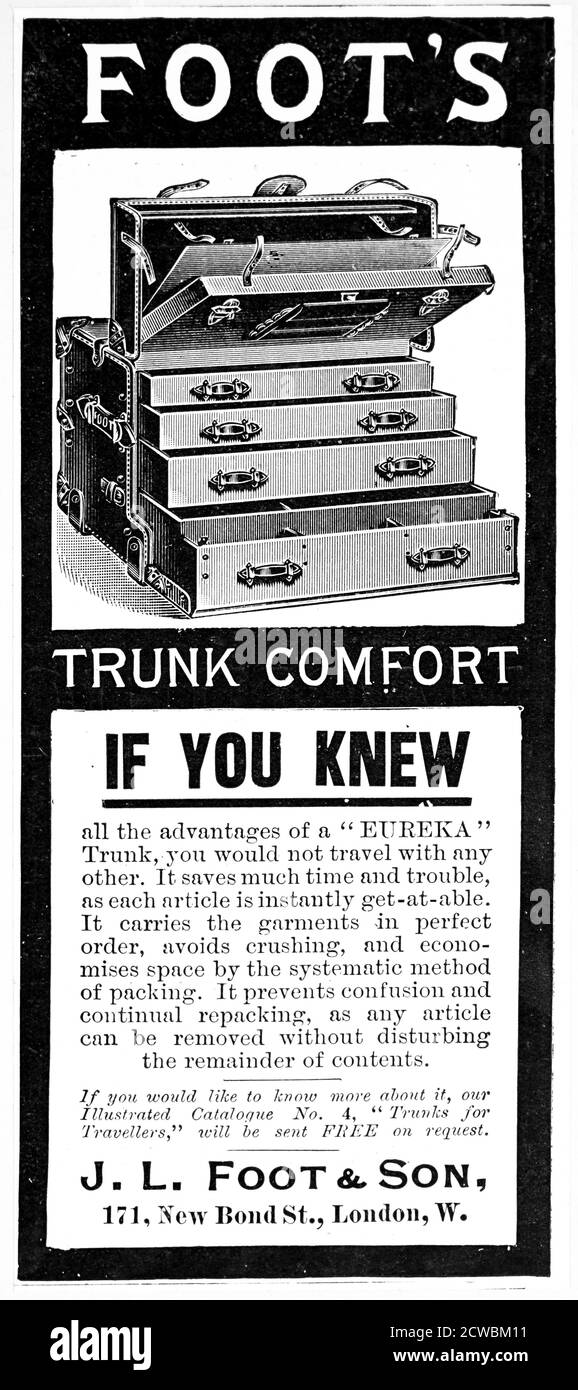 Advertisement for Foot's 'Eureka' trunk. Stock Photo