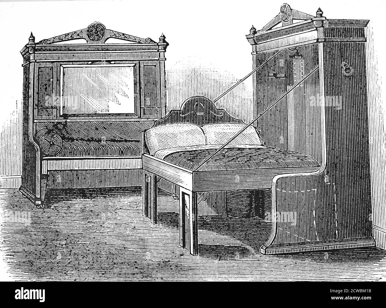 Engraving depicting a folding bed which could be transformed into a sofa for daytime use. Stock Photo