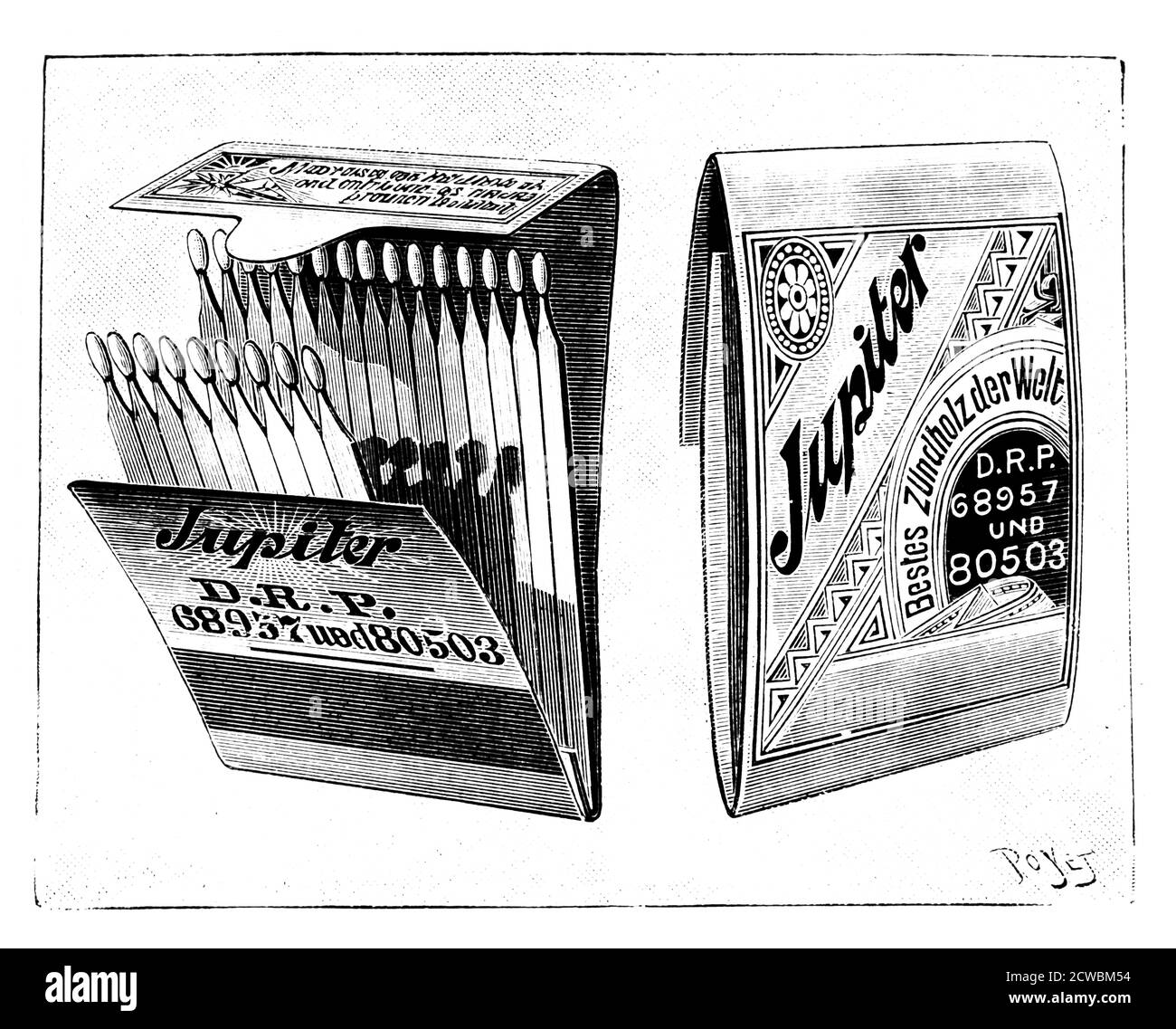 Engraving depicting a book of safety matches, much safer and more convenient than earlier non-safety matches, and a great improvement on the 'Promethean' matches which had to be dipped into a portable phial of sulphuric acid. Stock Photo