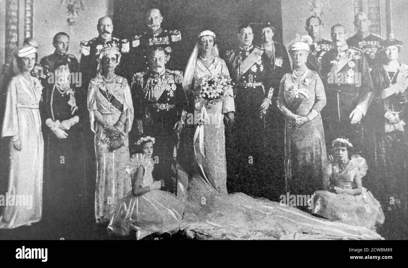 Black and white photo of the Royal Family on the day of the marriage of Prince George, Duke of Kent (1902-1942) and Princess Marina of Greece (1906-1968); the marriage took place on 29 November 1934. Stock Photo