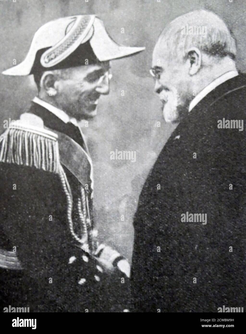 Black and white photo of Louis Barthou (1862-1934), Minister of Foreign Affairs on a train towards Poland on 20 April 1934. Stock Photo