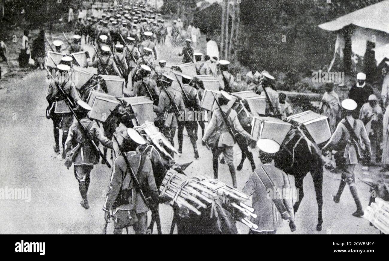 Black and white photo of Ethiopian troops marching through Addis Adiba. Stock Photo
