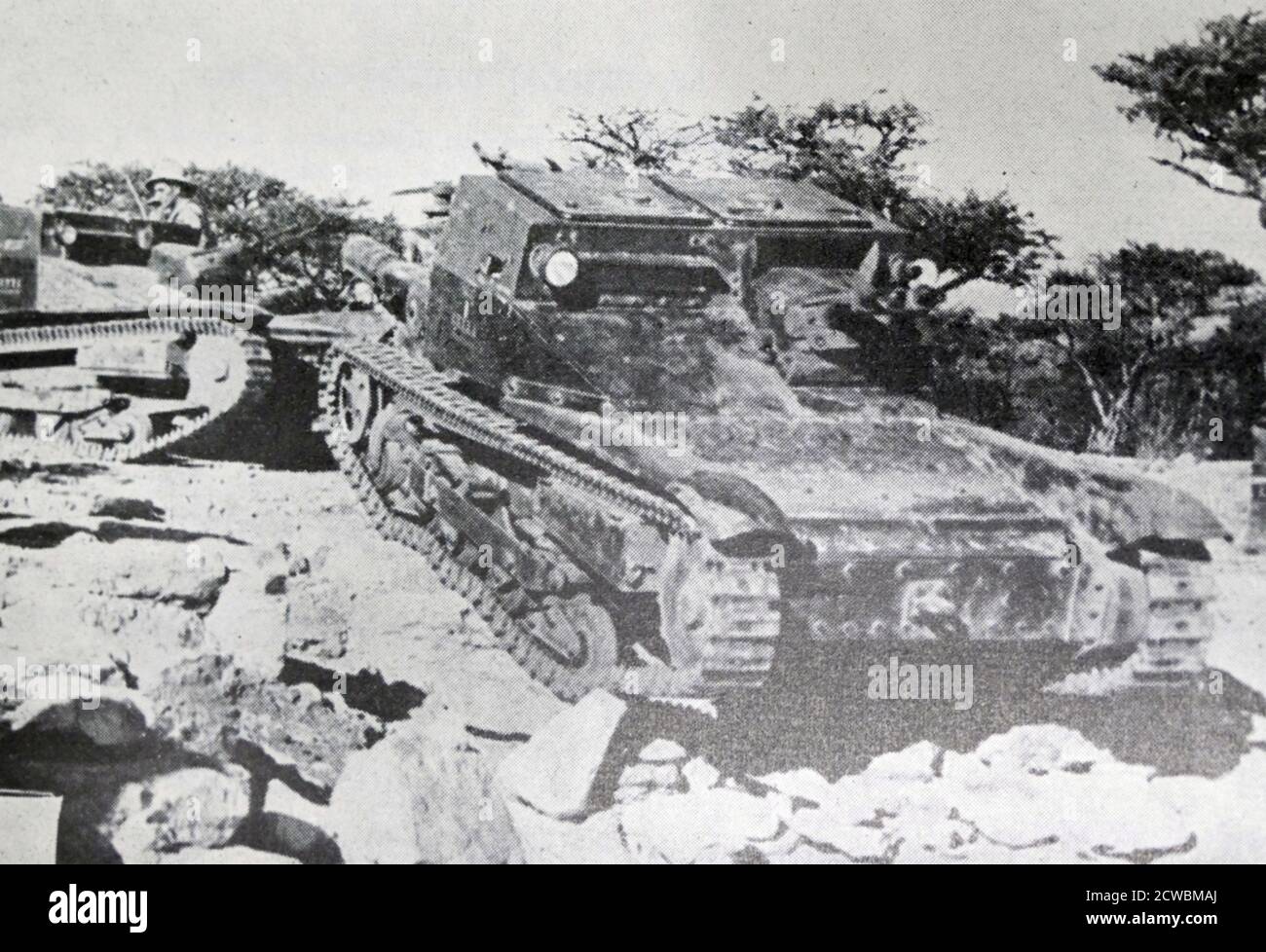 Black and white photo of the War in Ethiopia after the Italian invasion of 1935; Italian tanks finding passage difficult on the front of Makalle. Stock Photo