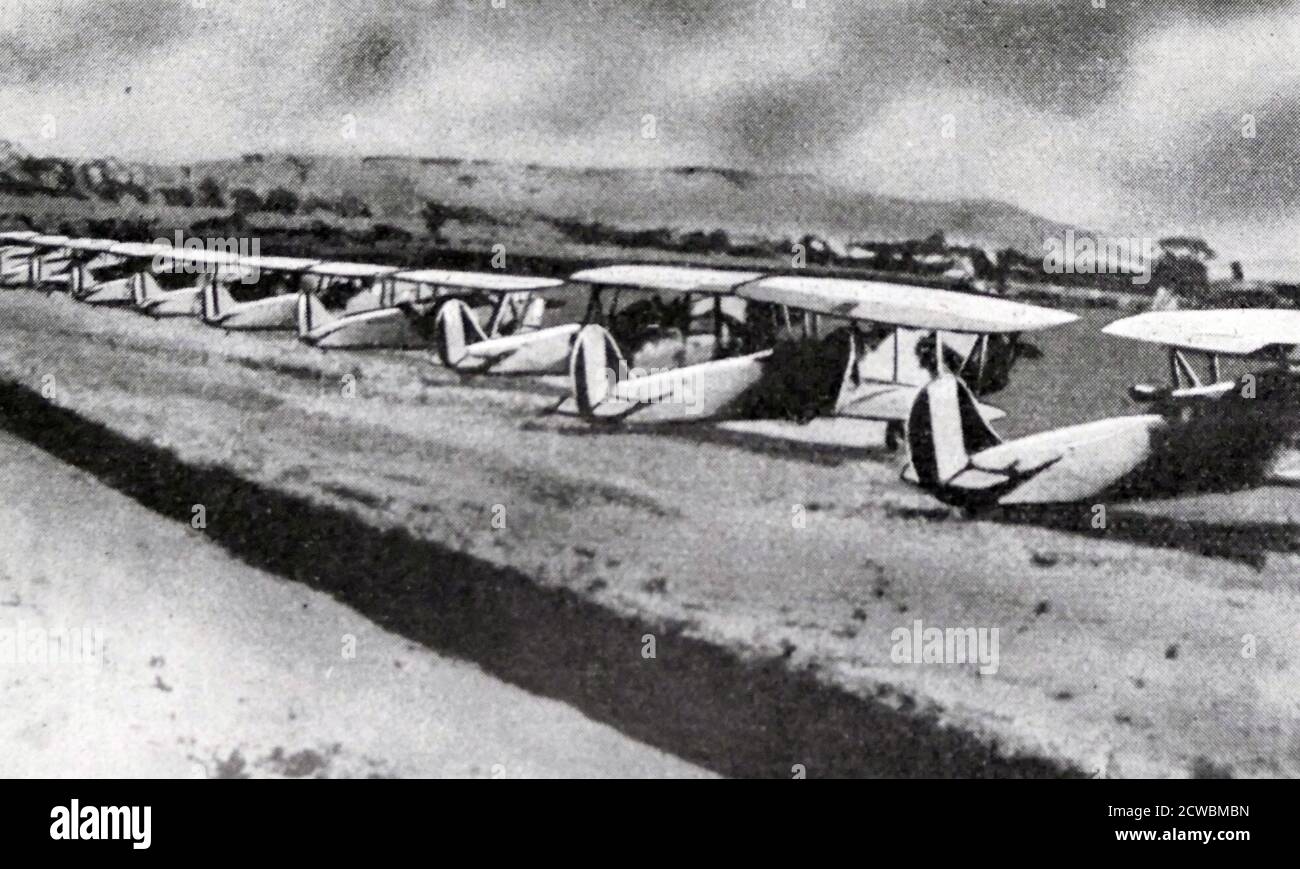 Black and white photo of the War in Ethiopia after the Italian invasion of 1935; Italian bombers at the Battle of Adoua, waiting to take off. Stock Photo