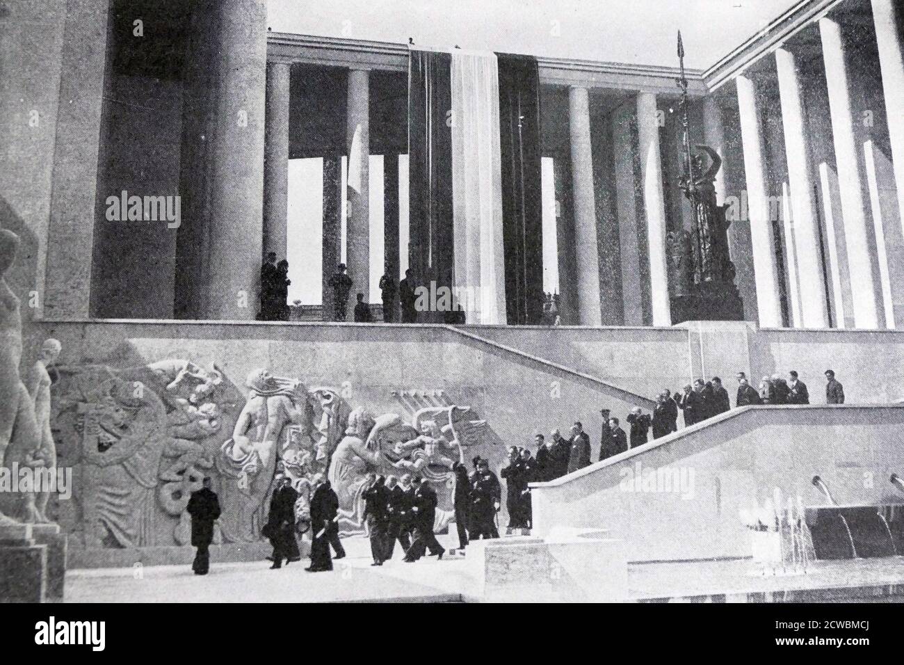 Black and white photographs of the Exposition Universelle (World Fair) in Paris in 1937; French President Albert Lebrun (1871-1950) and Leon Blum (1872-1950) visit the modern art pavilion. Stock Photo