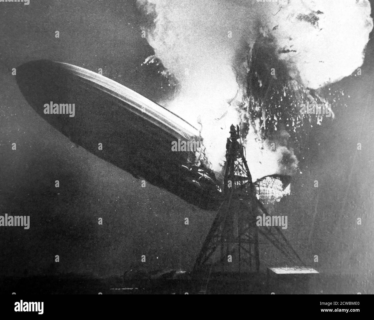 Black and white photograph of the dirigible Hindenburg exploding in the USA on 6 May 1937. Stock Photo