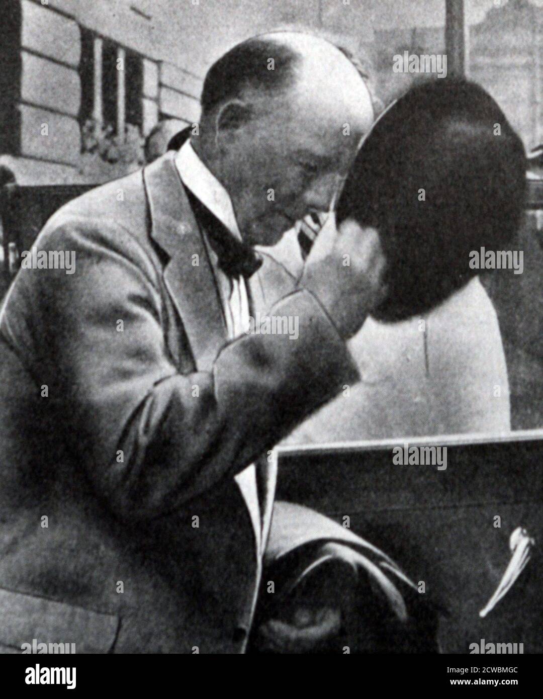 Black and white photograph of Lord Walter Runciman (1870-1949), Liberal Party politician, visiting Prague on 2 and 3 August 1938. Stock Photo