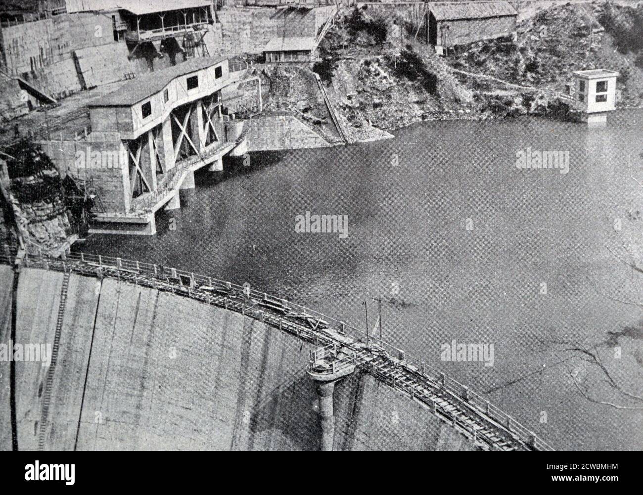 Black and white photograph of the Sautet Dam, completed in 1937. Stock Photo