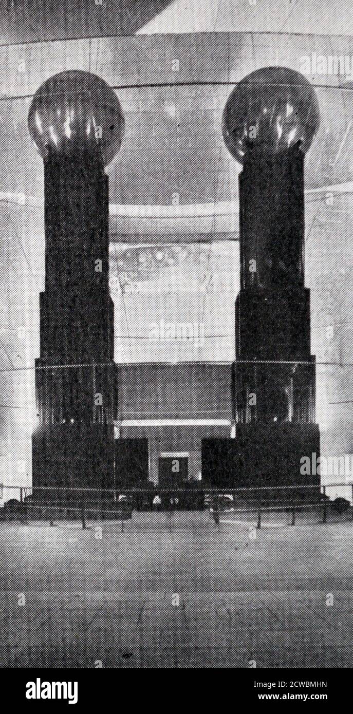 Black and white photograph pertaining to modern science; Lazard's electro-static machine in the Palais de la Decouverte, a museum of science and industry in Paris. Stock Photo