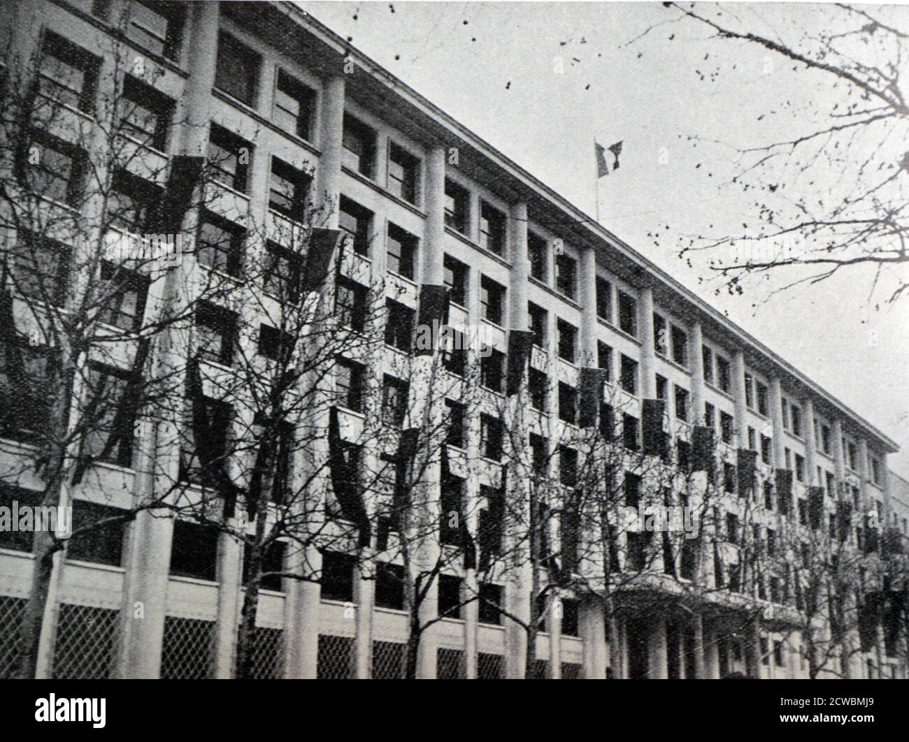 Black and white photograph of the new building for the Ministry of PTT (Post, Telegraphs and Telephones) in Paris. Stock Photo