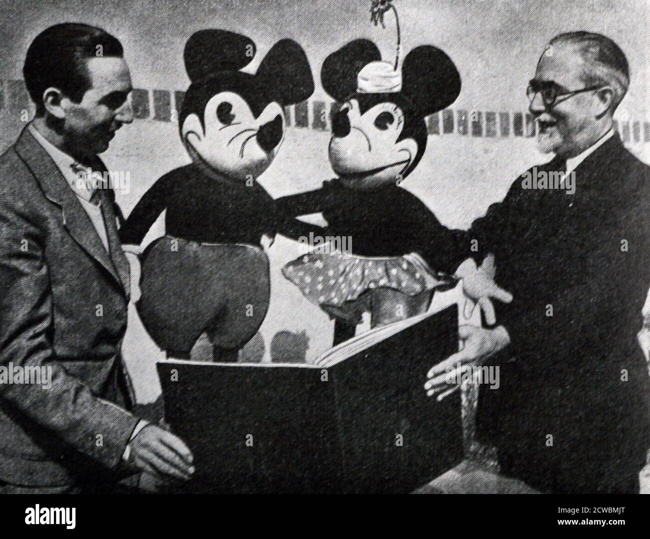 Black and white photograph of Mickey and Minnie Mouse, legendary characters of Walt Disney. Stock Photo