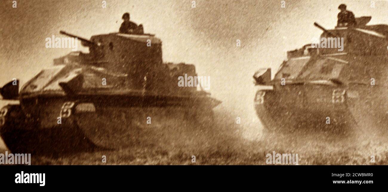 Black and white photograph of the Battle of France, May-June 1940; German tanks in the North of France. Stock Photo