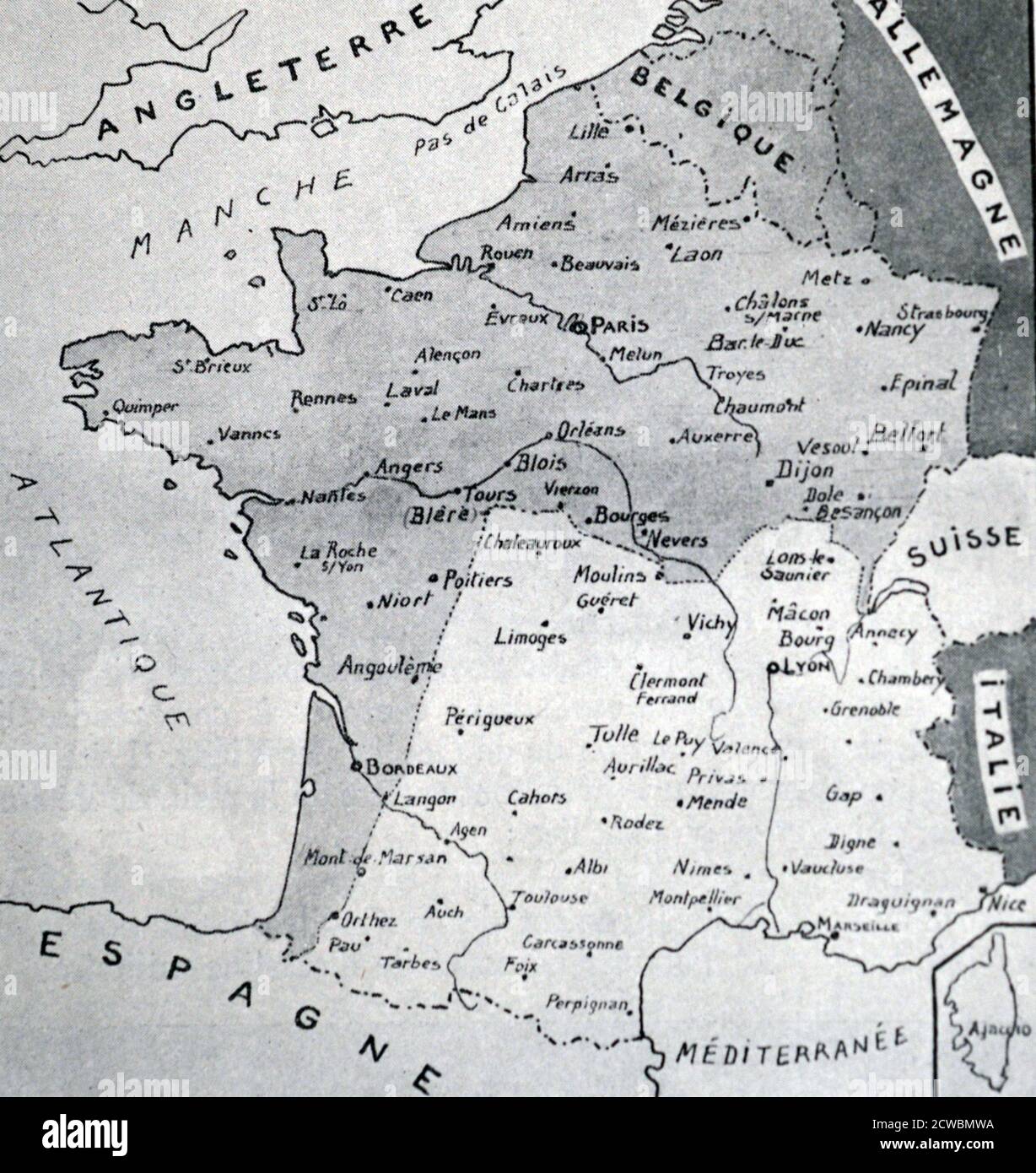 Black and white reproduction of a map of France with the Demarcation Line between Nazi occupied France to the North and Vichy France to the South. During World War II (1939-1945). Stock Photo