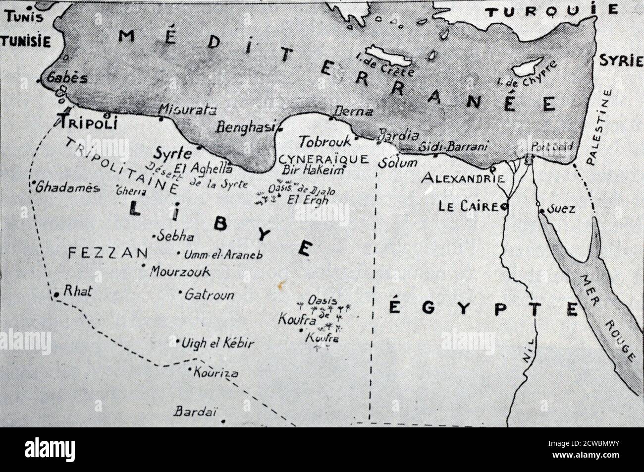 Black and white photograph of World War II (1939-1945); map of Libya and Egypt and during the early stages of the war showing different battle fields. Stock Photo
