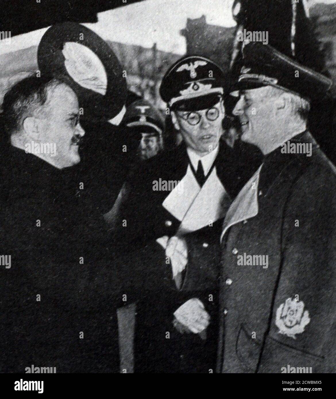 Black and white photograph of World War II (1939-1945); Vyacheslav Molotov (1890-1986) visits Berlin in November 1940, shaking hands with Joachim von Ribbentrop (1893-1946), German foreign minister. Stock Photo