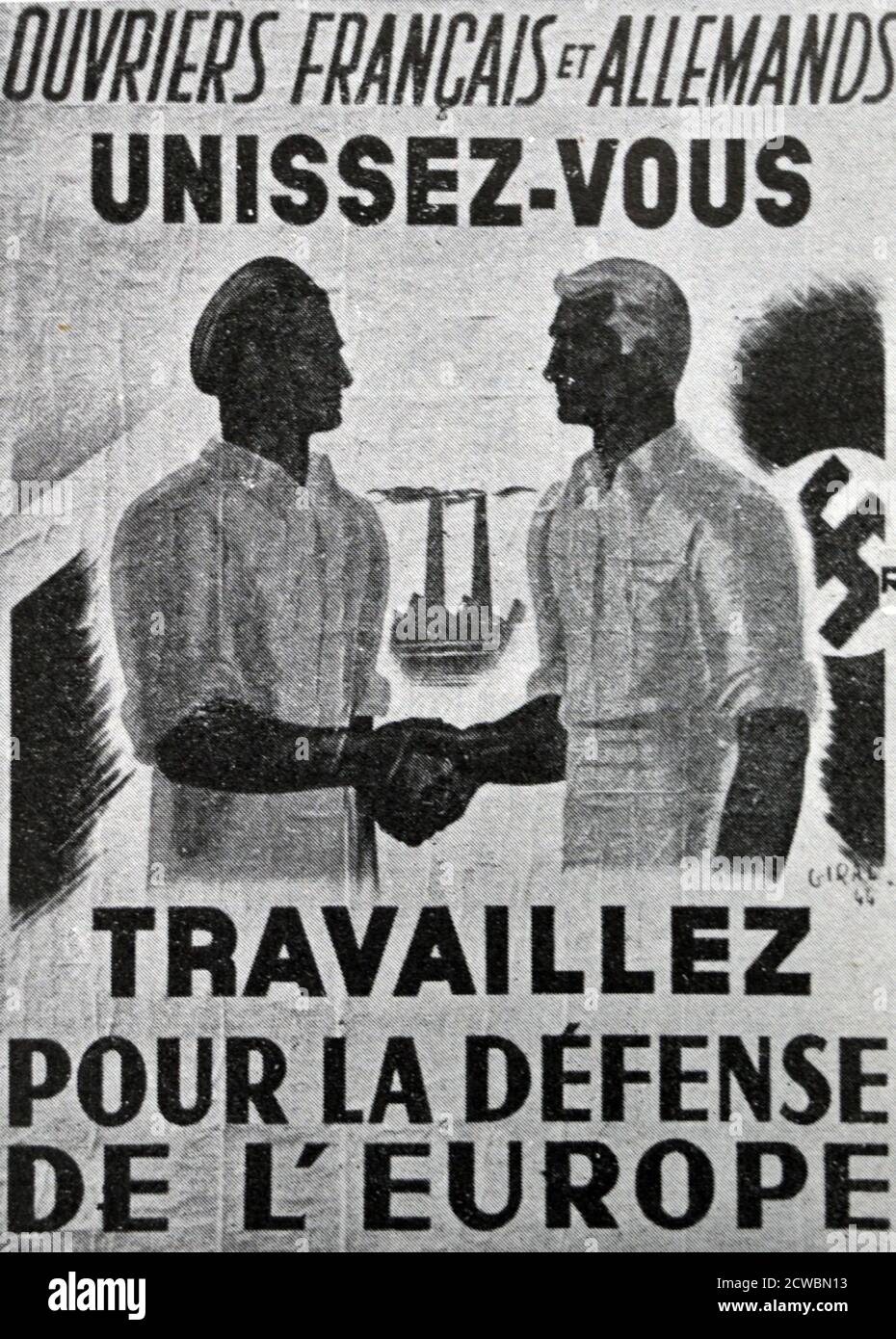 Black and white photograph of World War II (1939-1945); 'What we saw during the Occupation of Paris in the streets and on the walls'. An announcement of a large meeting of the most significant employees and collaborator for the Legion of French Volunteers against Bolshevism. Stock Photo