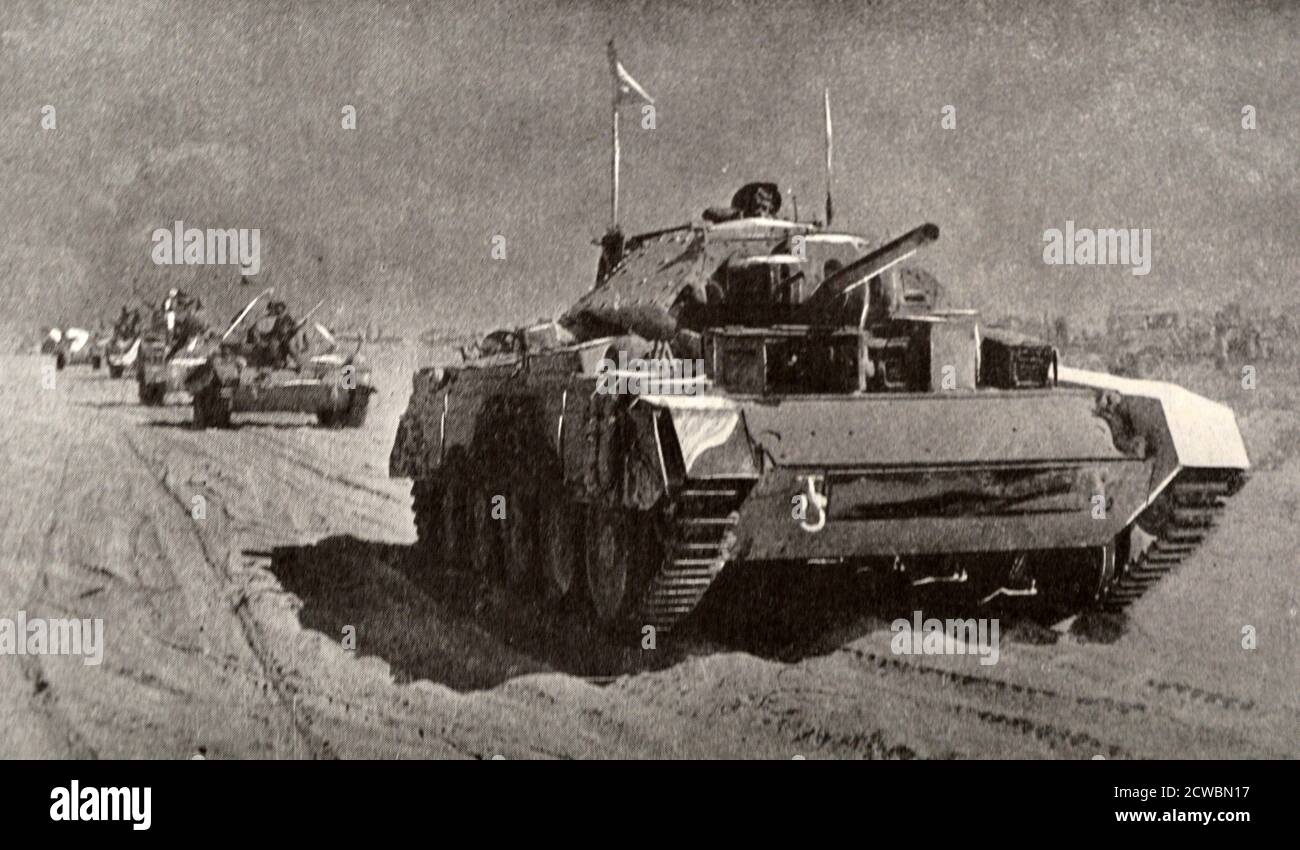 Black and white photograph of World War II (1939-1945); British tanks continue their advance through the desert after the victory of El Alamein. Stock Photo