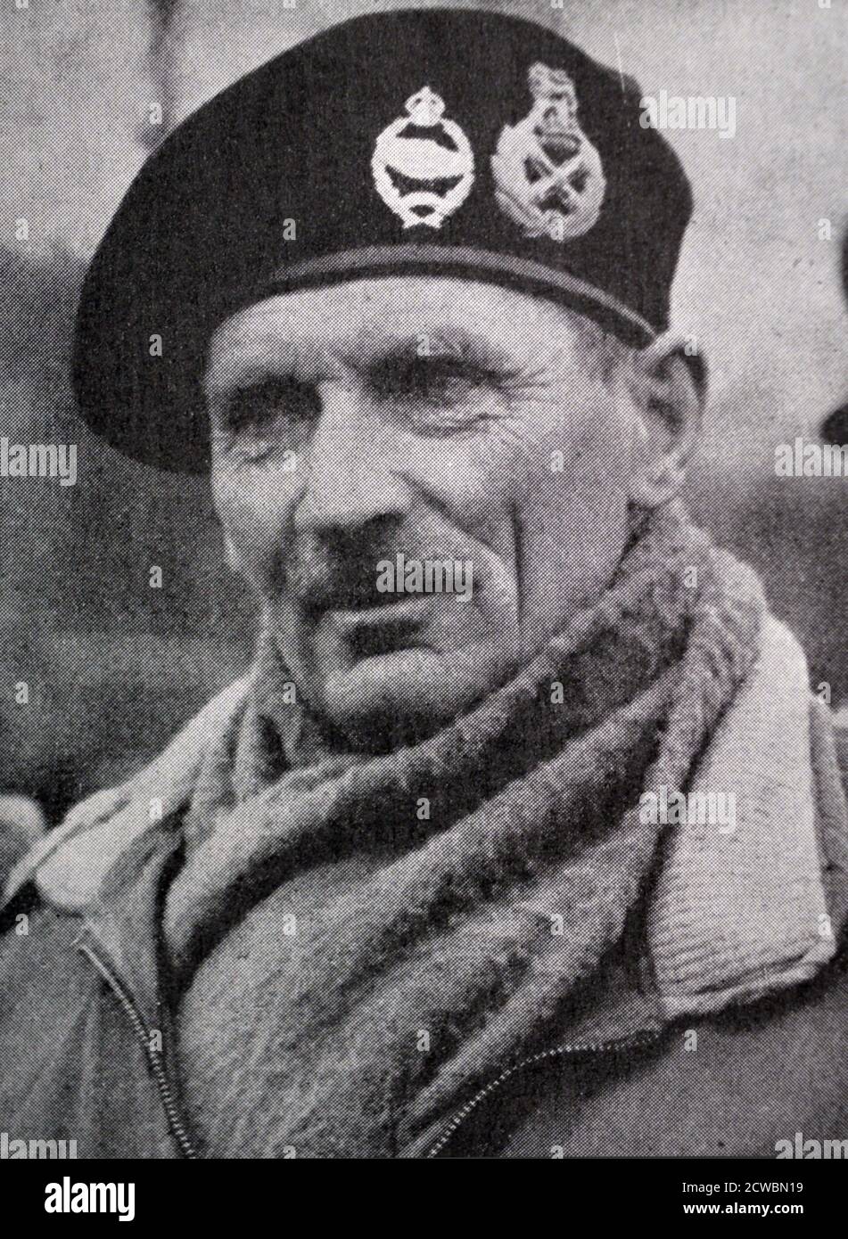 Black and white photograph of World War II (1939-1945); Portrait of British General Bernard Montgomery (1887-1976), Commander-in-Chief of the 8th British Army who defeated Rommel in the desert. Stock Photo