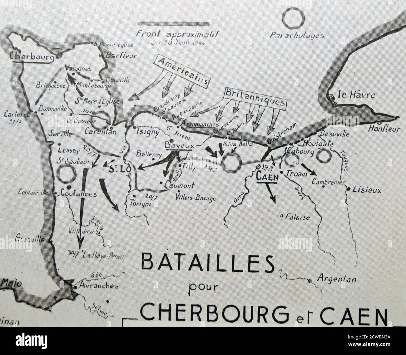 Black and white photograph of World War II (1939-1945) showing a map of battlefields in Cherbourg and Caen between 27 June and 9 July 1944. Stock Photo