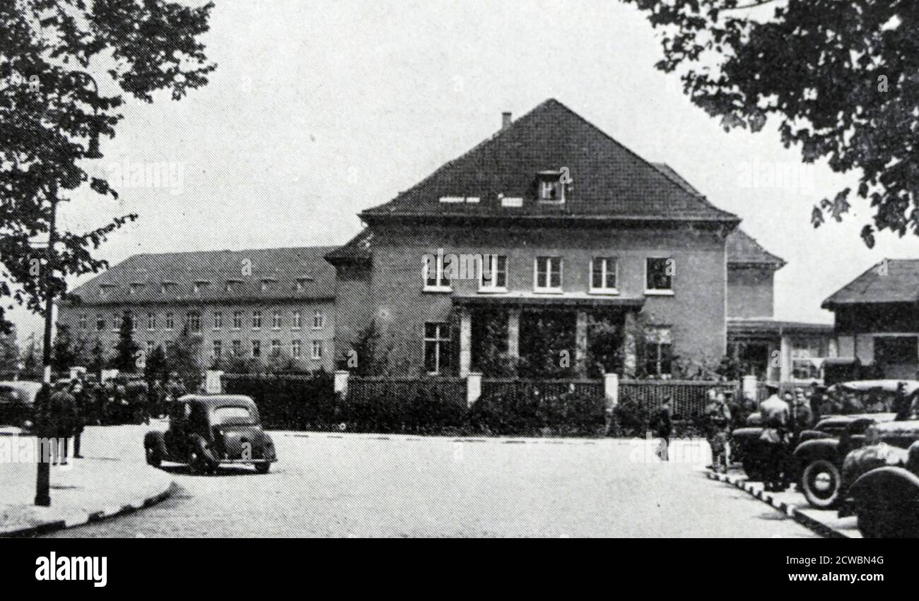Black and white photograph of World War II (1939-1945) showing images related to the unconditional surrender of German forces to the Allies; the military school in Reims where the German surrender was signed on 7 May 1945. Stock Photo