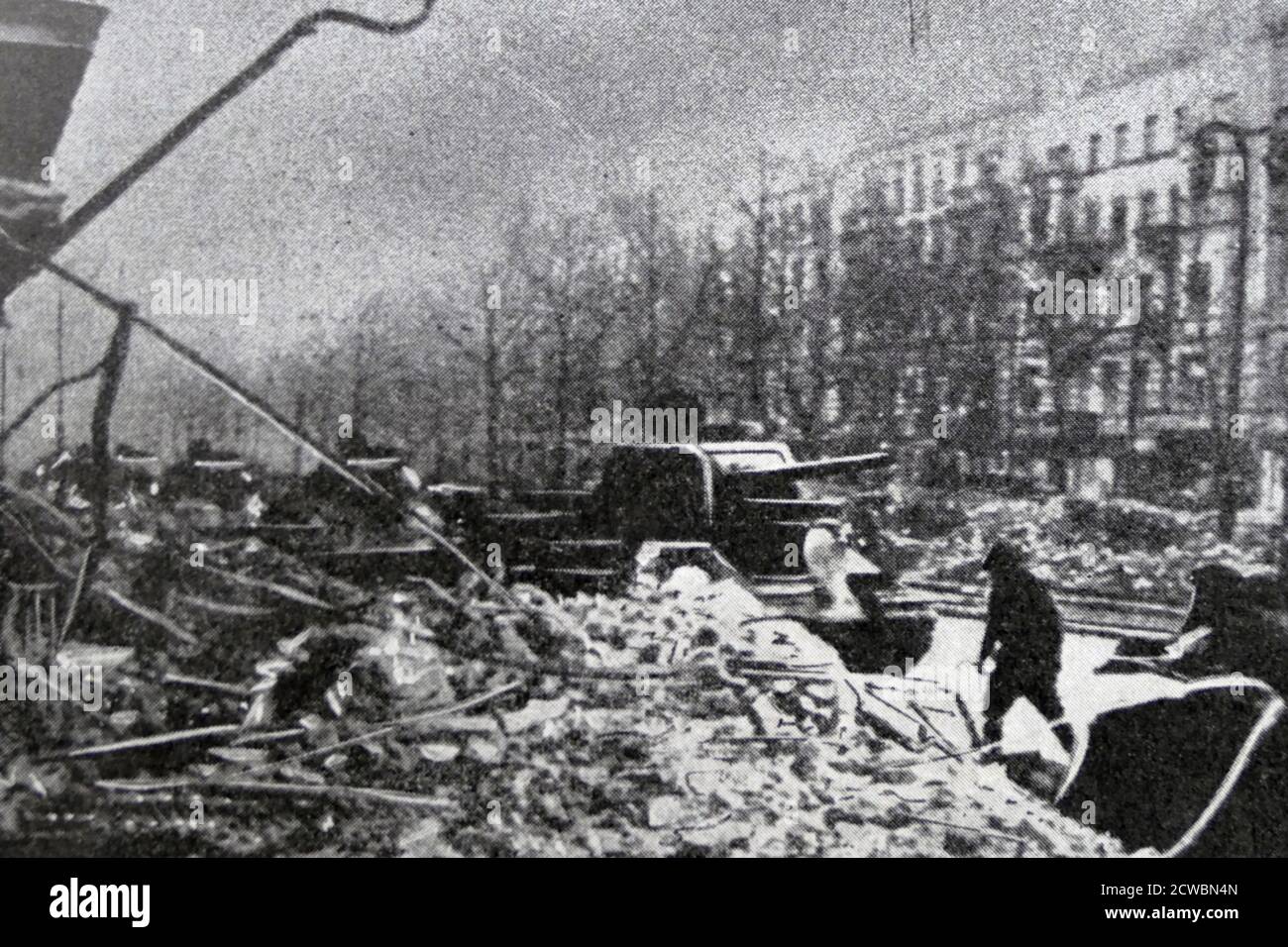 Black and white photograph of World War II (1939-1945) showing image of the end of the war in Europe; Russian tanks enter Berlin. Stock Photo