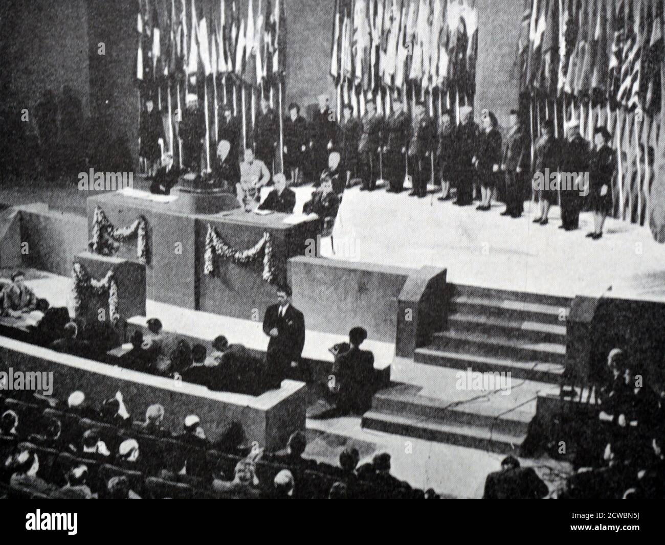 Black and white photograph of the International Conference in San Francisco, 26 June 1945, showing US President Harry S. Truman (1884-1972) announcing the closure of the first session of the United Nations. Stock Photo
