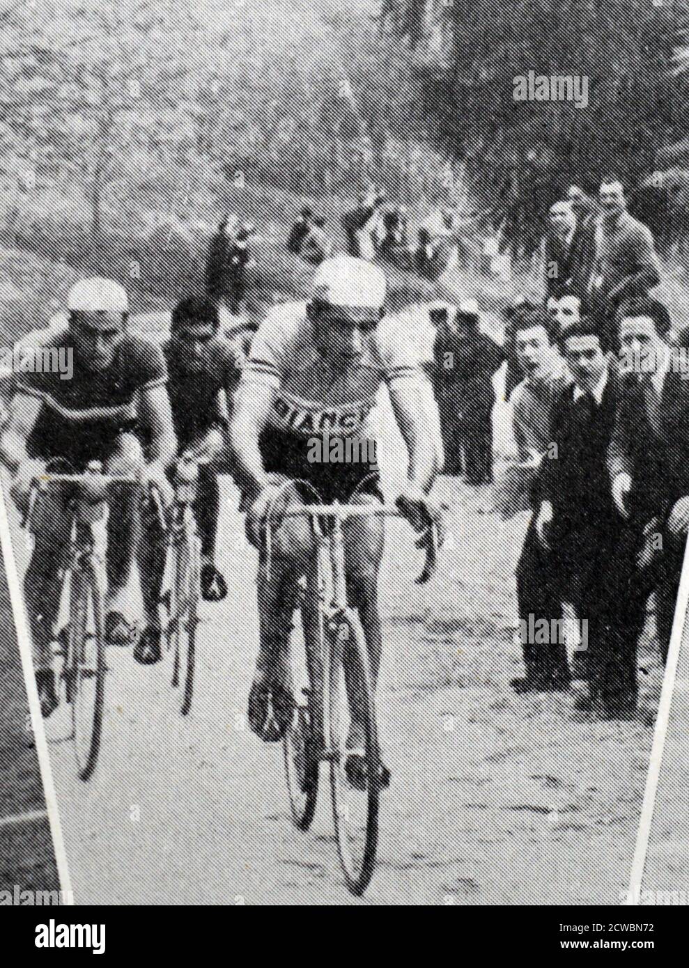 Black and white photograph from the 1950 Tour de France, the 37th running of the tour. Here Fausto Coppi (1919-1960) is in the lead. Stock Photo