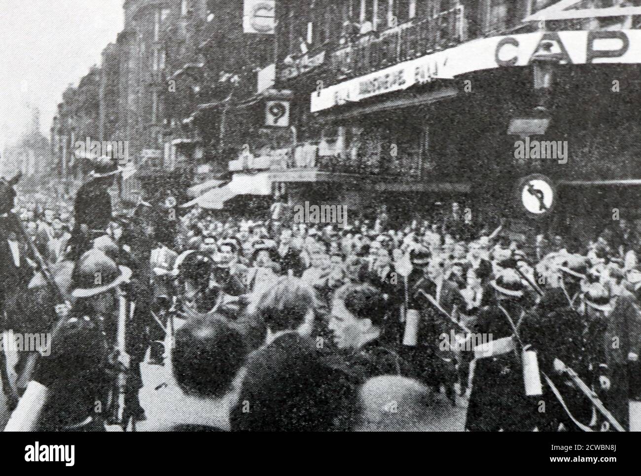 Black and white photograph of 'Images of the World: 1949-1950'; violent demonstrations in Brussels at the return of King Leopold (1901-1983; King from 1934 to 1951). Stock Photo