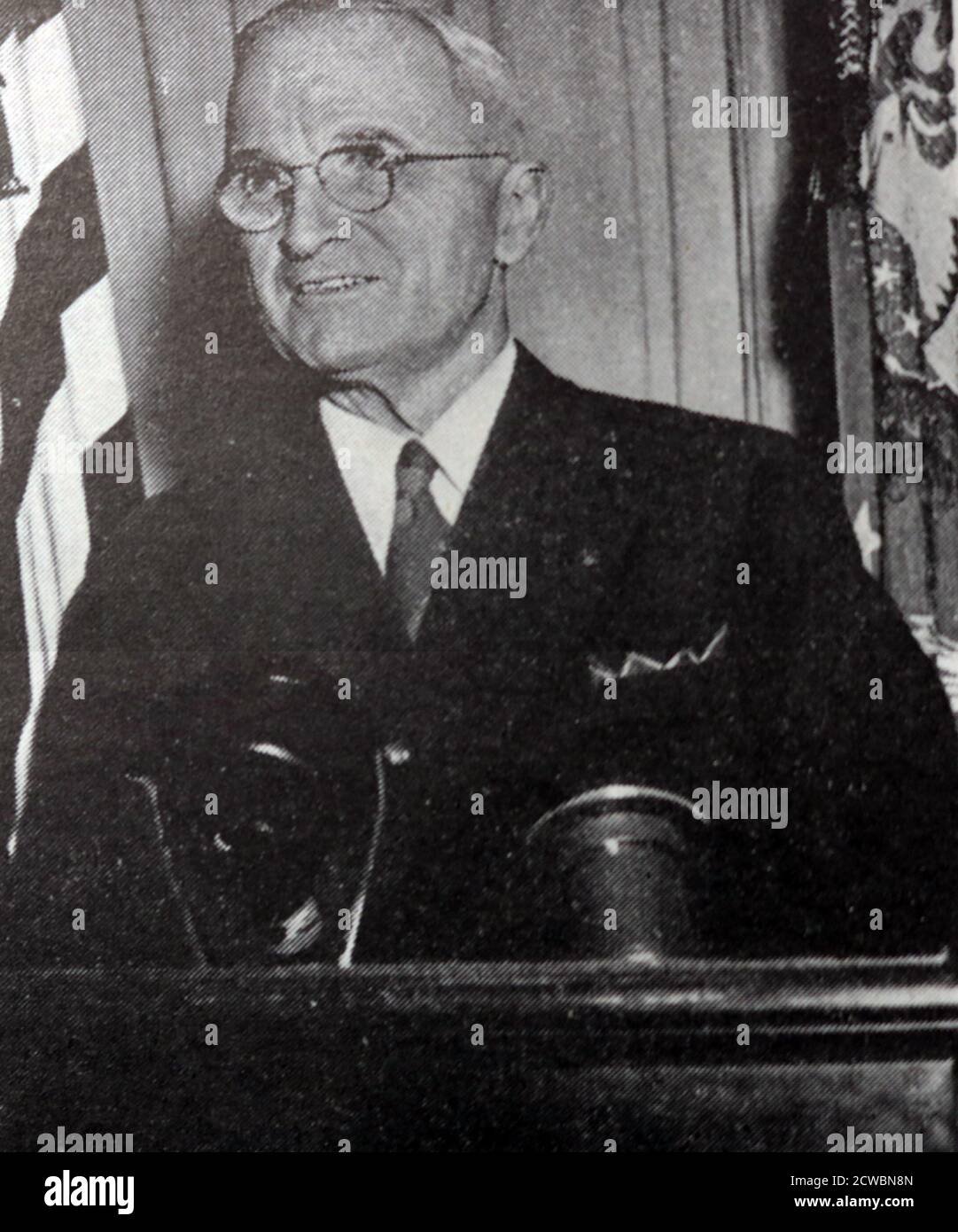 Black and white photograph of US President Harry S. Truman (1884-1972) giving a speech in Washington. Stock Photo