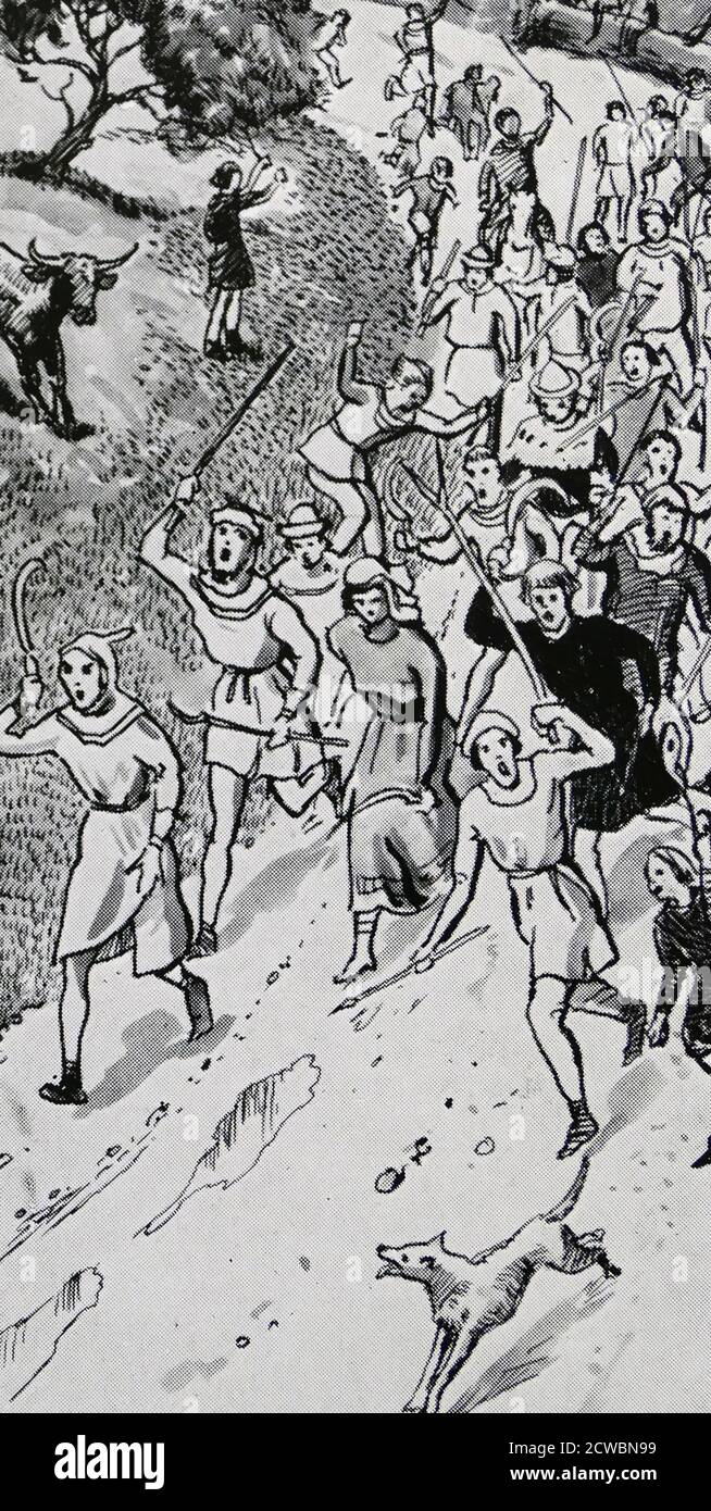 Illustration depicting the 1381 Peasants' Revolt. The Peasants' Revolt, also named Wat Tyler's Rebellion or the Great Rising, was a major uprising across large parts of England in 1381. Stock Photo