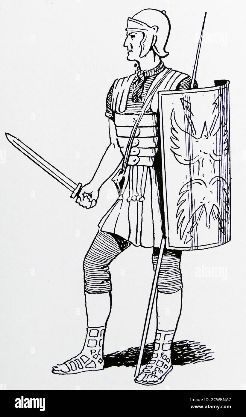 Illustration depicting a Roman legionary or infantryman of the Roman army. These soldiers would conquer and defend the territories of the Roman Empire during the late Republic and Principate eras, alongside auxiliary and cavalry detachments. At its height, Roman legionaries were viewed as the foremost fighting force in the Roman world Stock Photo