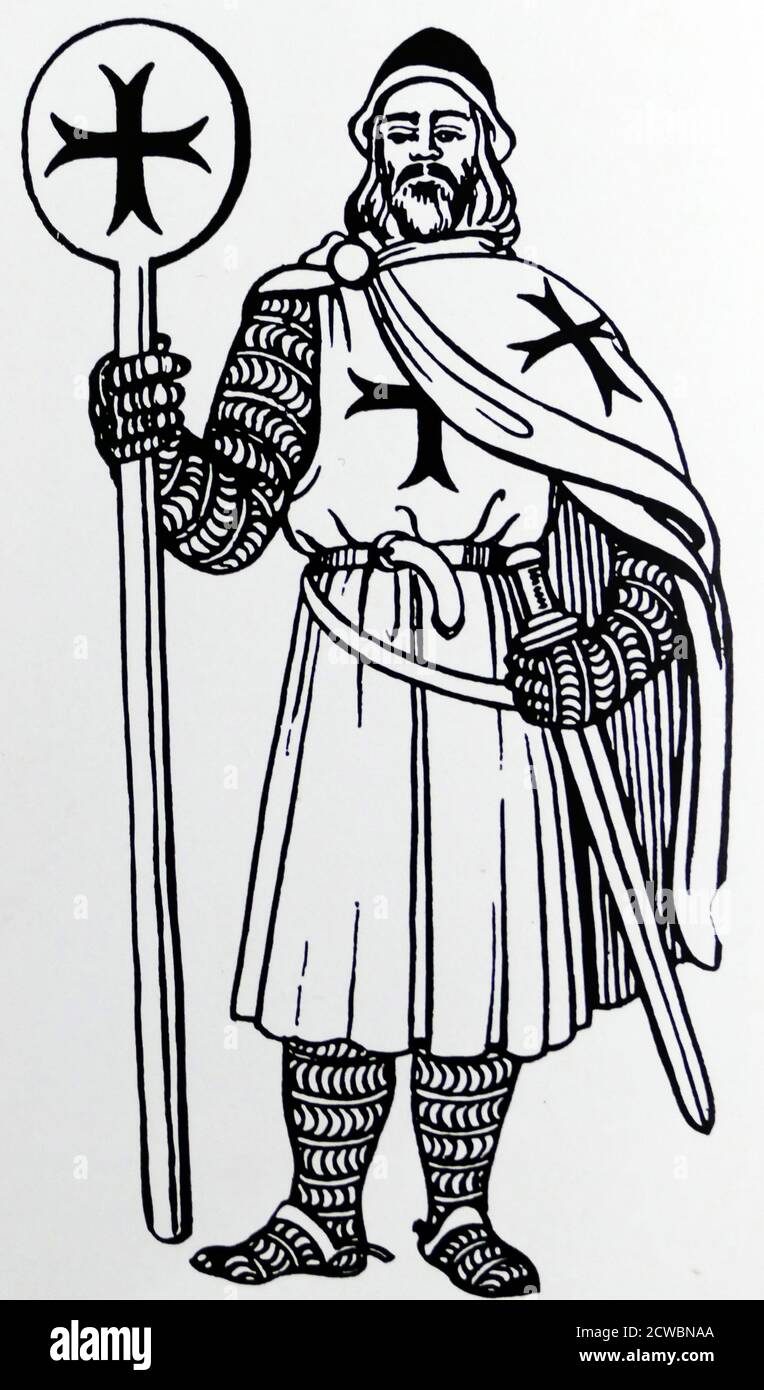 Illustration depicting a Knights Templar or simply a Templar. The Knights Templar were a Catholic military order founded in 1119 and recognised in 1139 by the papal bull Omne datum optimum. The order was active until 1312 when it was perpetually suppressed by Pope Clement V by the bull Vox in excelso. The Templars became a favoured charity throughout Christendom and grew rapidly in membership and power. They were prominent in Christian finance. Templar knights, in their distinctive white mantles with a red cross, were among the most skilled fighting units of the Crusades. Stock Photo