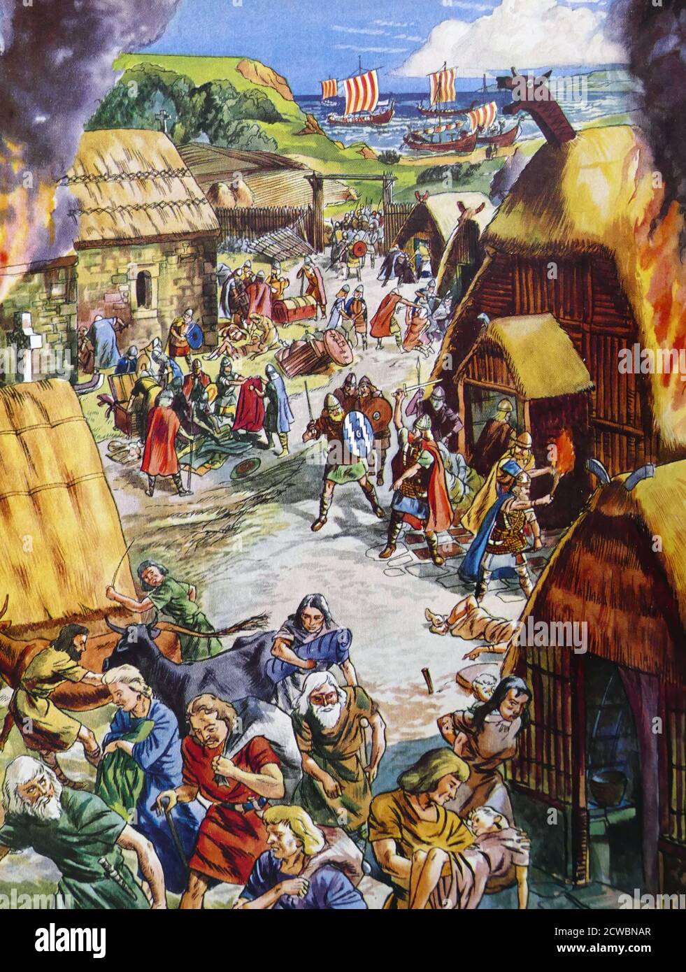 Illustration depicting a Viking raid on an English coastal village. Vikings were Scandinavians, who from the late 8th to late 11th centuries, raided and traded from their Northern European homelands across wide areas of Europe, and explored westwards to Iceland, Greenland, and Vinland. Stock Photo