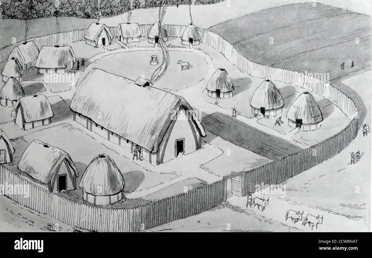 Illustration depicting an Anglo-Saxon enclosed village Stock Photo