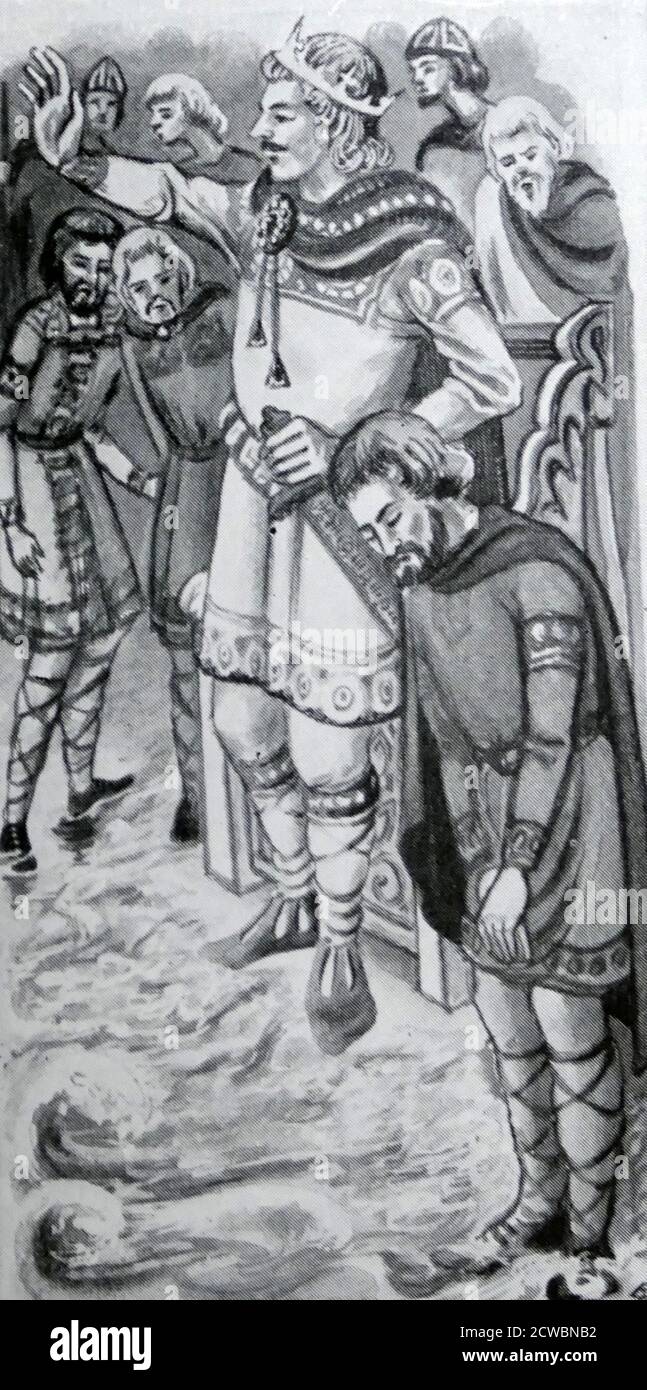 Illustration depicting Cnut Sweynsson (died 1035), known as Cnut the Great or Canute, was King of Denmark, England and Norway; together often referred to as the North Sea Empire. Yet after the deaths of his heirs within a decade of his own, and the Norman conquest of England in 1066, this legacy was lost. He is popularly invoked in the context of the legend of King Canute and the tide, which often misrepresents him as a deluded monarch believing he has supernatural powers, contrary to the original legend which portrays a wise king who rebuked his courtiers for their fawning behaviour. Stock Photo