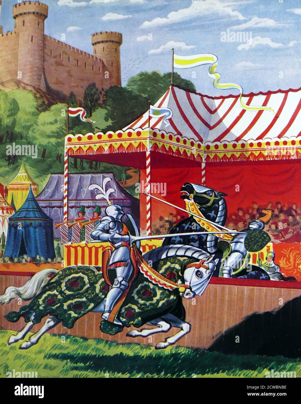Illustration depicting medieval English jousting, a martial game or hastilude between two horsemen wielding lances with blunted tips, often as part of a tournament. The primary aim was to replicate a clash of heavy cavalry, with each participant trying hard to strike the opponent while riding towards him at high speed, breaking the lance on the opponent's shield or jousting armour if possible, or unhorsing him Stock Photo