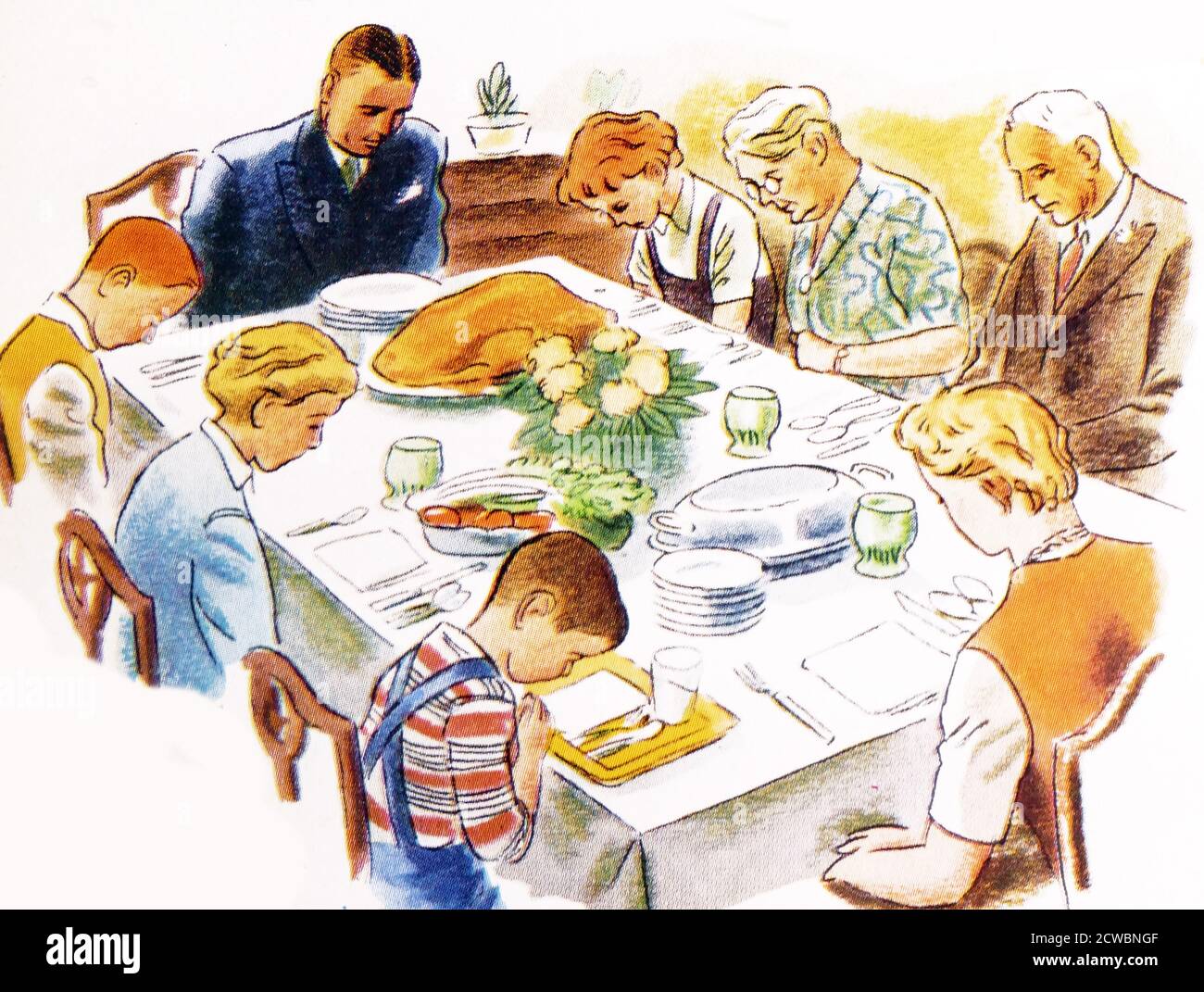 Illustration showing Thanksgiving day meal with an American family Stock Photo