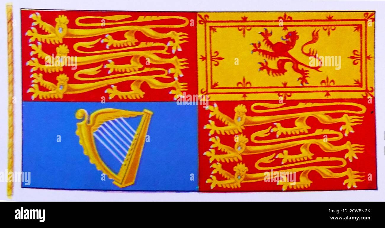 Illustration showing the Royal Standard used in England, Northern Ireland, Wales, and in overseas territories, The Royal Standard of the United Kingdom is flown when the Queen is in residence in one of the royal palaces and on her car, ship or aeroplane. It may be flown on any building, official or private, during a visit by the Queen Stock Photo