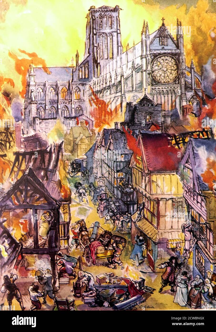 Illustration showing The Great Fire of London swept through the central parts of the English city from Sunday, 2 September to Thursday, 6 September 1666. The fire gutted the medieval City of London inside the old Roman city wall. It threatened but did not reach the Westminster, Charles II's Palace of Whitehall, or most of the suburban slums. It destroyed 13,200 house. It is estimated to have destroyed the homes of 70,000 of the city's 80,000 inhabitants Stock Photo